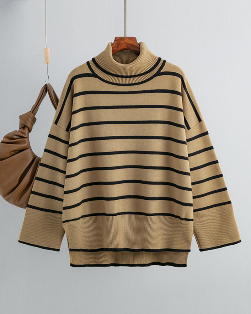 Striped Sweater Casual Turtleneck Knit Pullover Jumper Tops – Khaki M Striped Sweater Casual Turtleneck Knit Pullover Jumper Tops – Khaki M