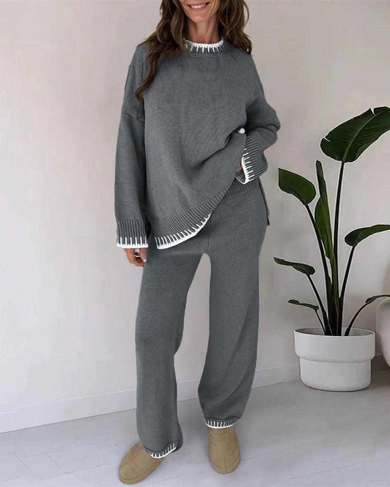 Zeagoo Casual Two-Pieces Outfits Contrast Trim Knitted Jumper and Trousers Sets – Grey M Zeagoo Casual Two-Pieces Outfits Contrast Trim Knitted Jumper and Trousers Sets – Grey M
