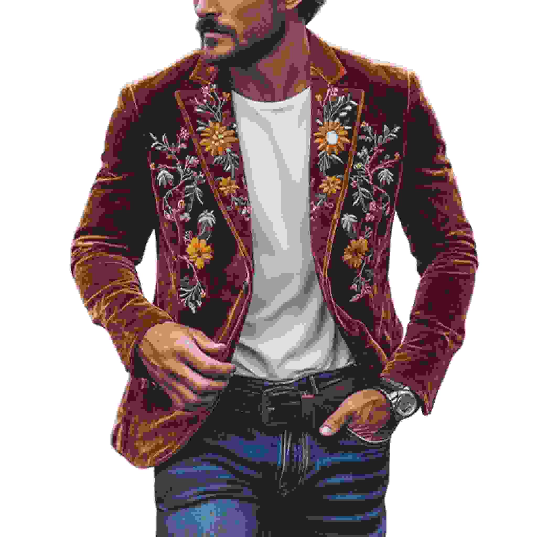 Men’s Classic Retro Slim Fit Single Breasted Faux Velvet Embroidered Blazer K