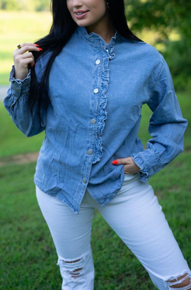 Allyson Ruffled Long Sleeve Buttoned Denim Shirt Allyson Ruffled Long Sleeve Buttoned Denim Shirt