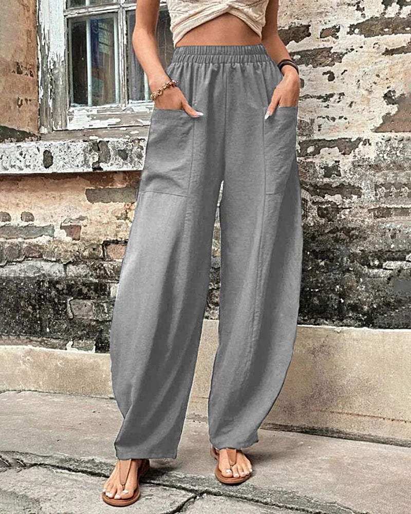 Solid Color Bottoms Elastic Waisted Pant Summer Baggy Trousers Straight Leg Pants – Grey S Solid Color Bottoms Elastic Waisted Pant Summer Baggy Trousers Straight Leg Pants – Grey S