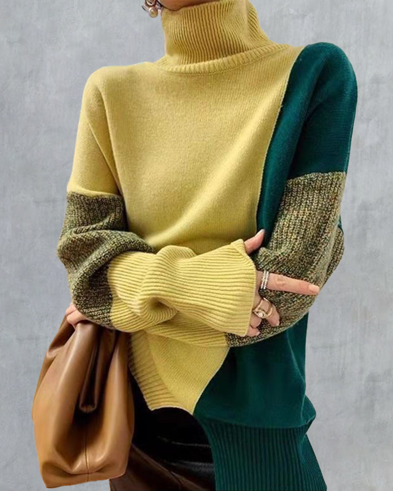 Zeagoo Color Stitching Pullover Wool Long Sleeve Loose Turtleneck Knit Sweater – Beige M
