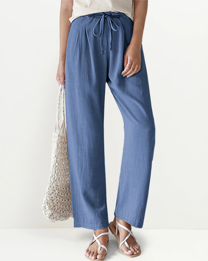 High Waist Trousers Solid Color Palazzo Pant Beach Casual Boho Drawstring Bottoms – Blue L-