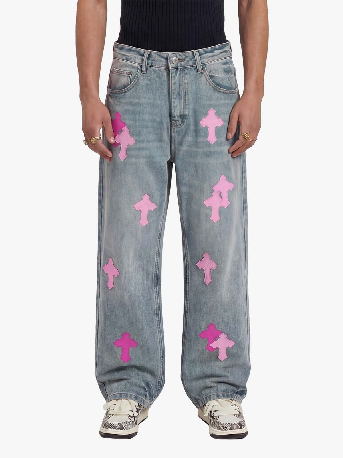 Vintage Washed Cross Patch Straight Leg Denim Jeans