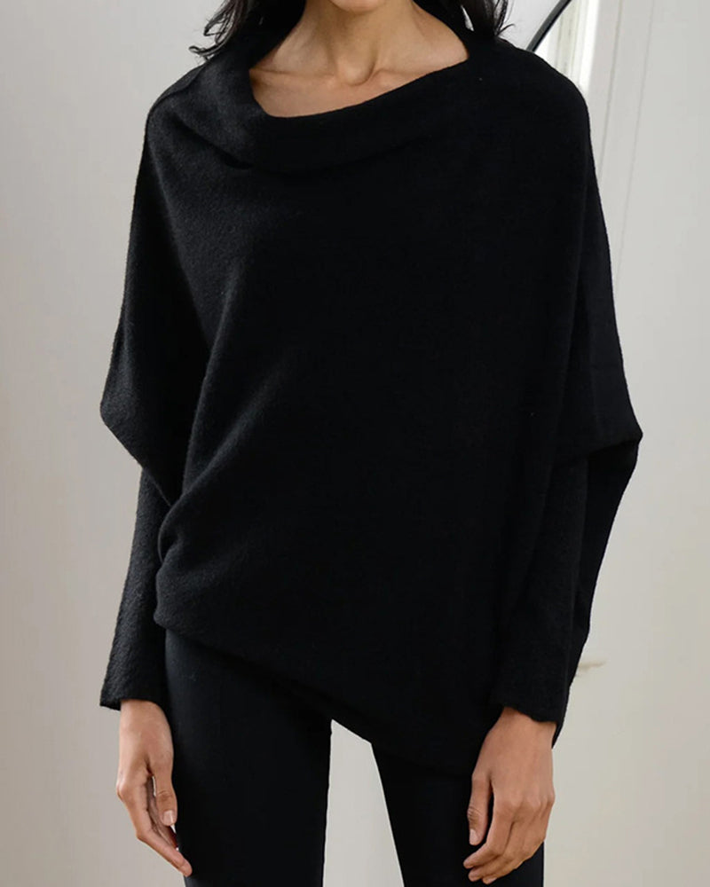 Zeagoo Asymmetric Draped Jumper Long Batwing Sleeve Off The Shoulder Sweater – Black S