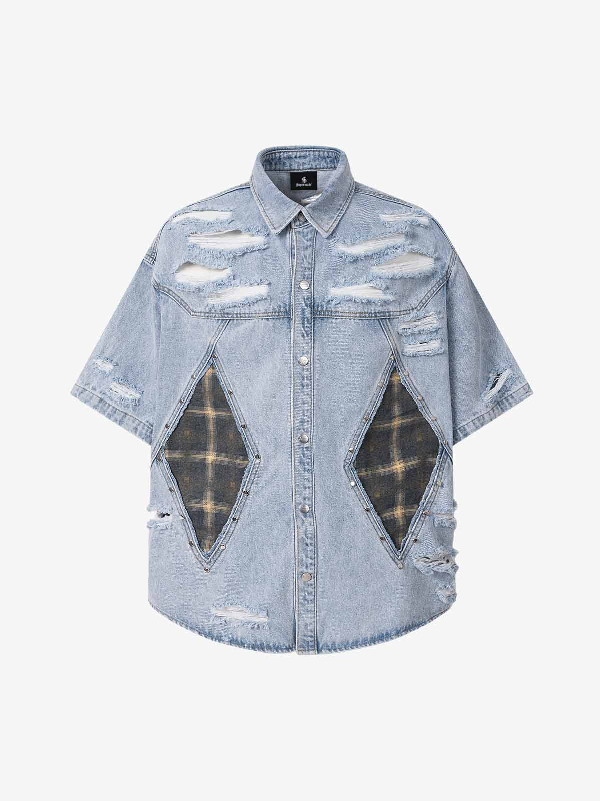 Retro Washed Plaid-Paneled Distressed Denim Set – Light Blue Shirt Retro Washed Plaid-Paneled Distressed Denim Set – Light Blue Shirt