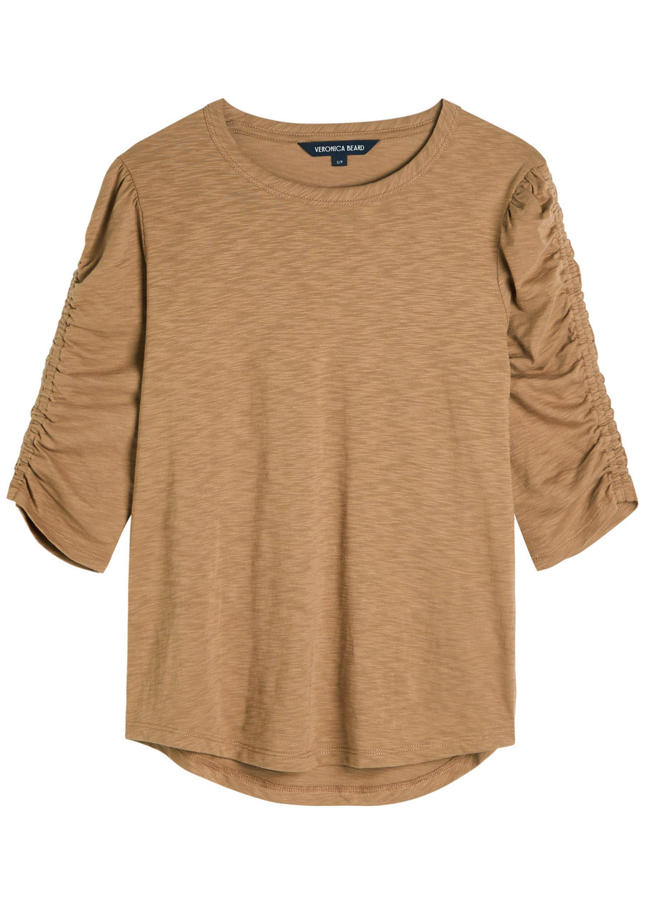 Veronica Beard Waldorf Ruched Slubbed Cotton shirt – Light Tan – L L