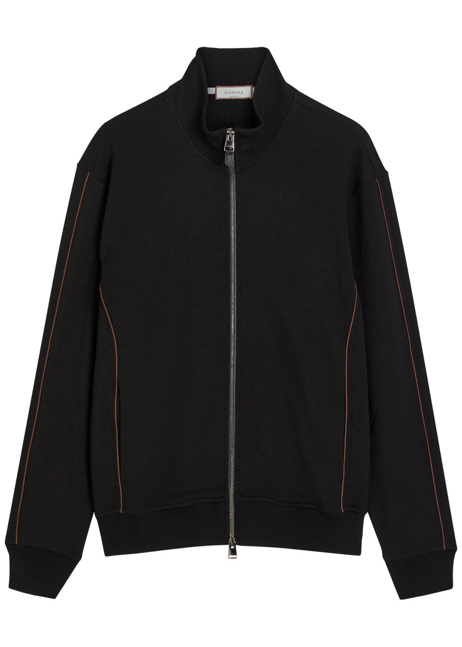 Canali Pipe-trimmed Wool Black Designer Track Jacket Canali Pipe-trimmed Wool Black Designer Track Jacket