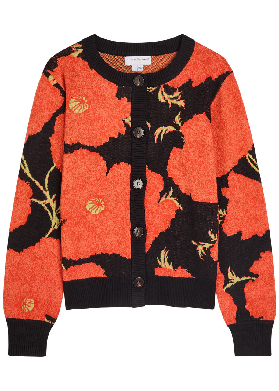Never Fully Dressed Floral-intarsia Knit Cardigan – Black Red – M M Never Fully Dressed Floral-intarsia Knit Cardigan – Black Red – M M