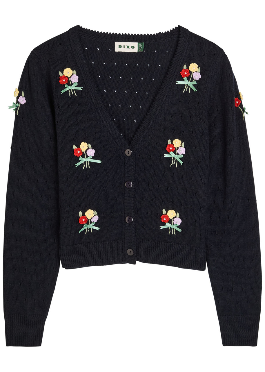 Rixo Merinda Floral-appliqud Wool Cardigan – Navy – S Rixo Merinda Floral-appliqud Wool Cardigan – Navy – S