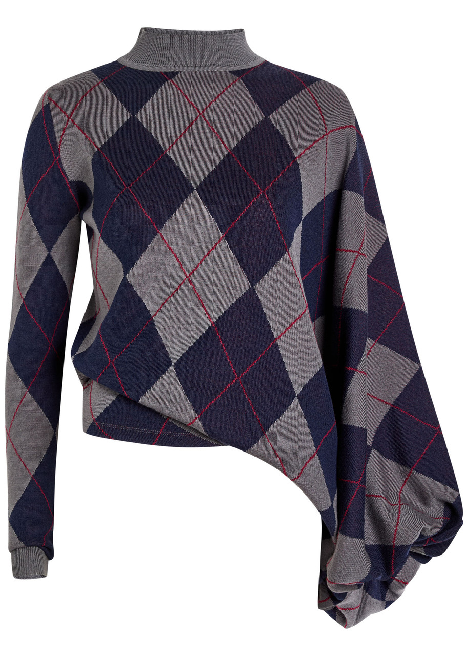 A.W.A.K.E Mode Argyle Wool Jumper – Navy – S – S A.W.A.K.E Mode Argyle Wool Jumper – Navy – S – S