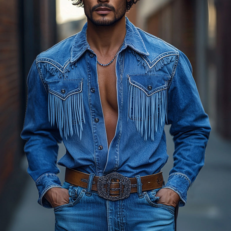 【-hour shipping out】Men’s Retro Western Cowboy Tassel Stitching Denim Long Sleeve Shirt U