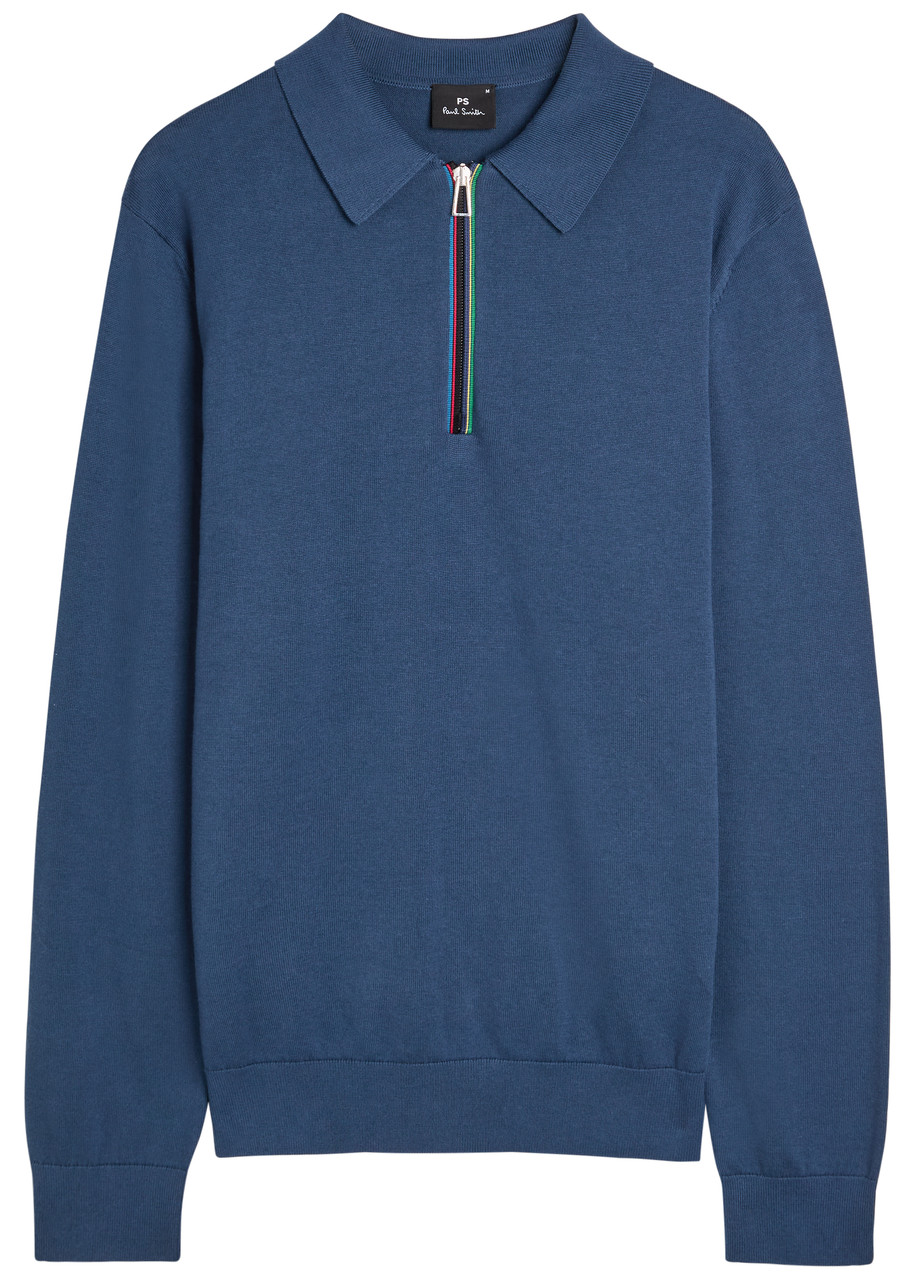 PS Paul Smith Stripe-trimmed Fine-knit Polo Jumper – Blue