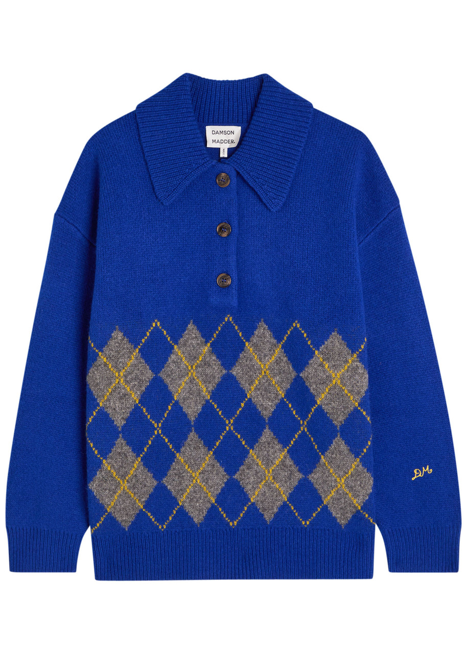 Damson Madder Saskia Argyle Wool Jumper – Dark Blue – L