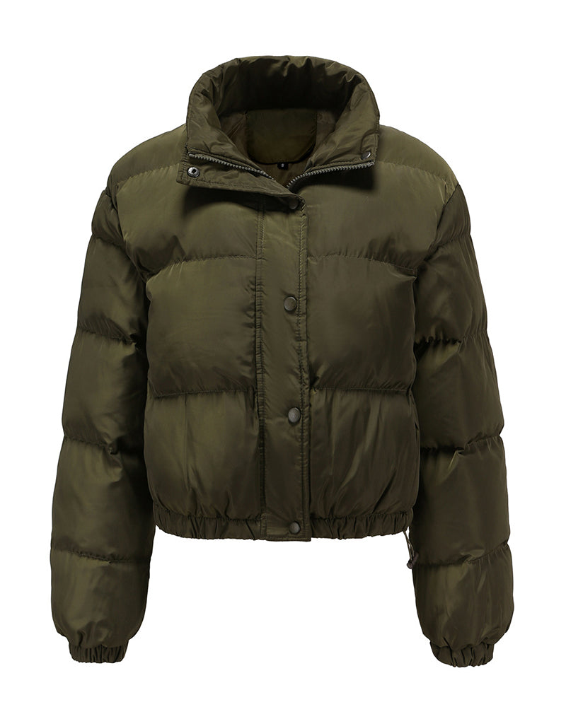 Short Puffer Jacket Stands Up Button Zipper Outerwear – Army Green S