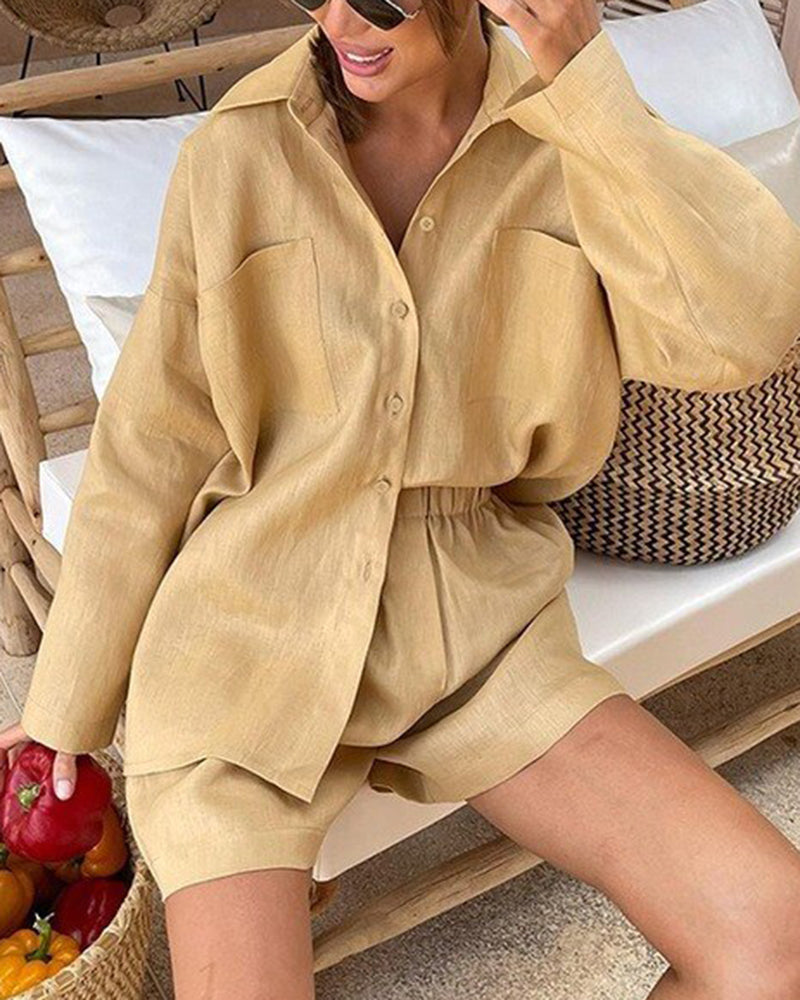 Two Piece Set Casual Loose Shirt Jacket and Elastic Shorts – Khaki S Two Piece Set Casual Loose Shirt Jacket and Elastic Shorts – Khaki S