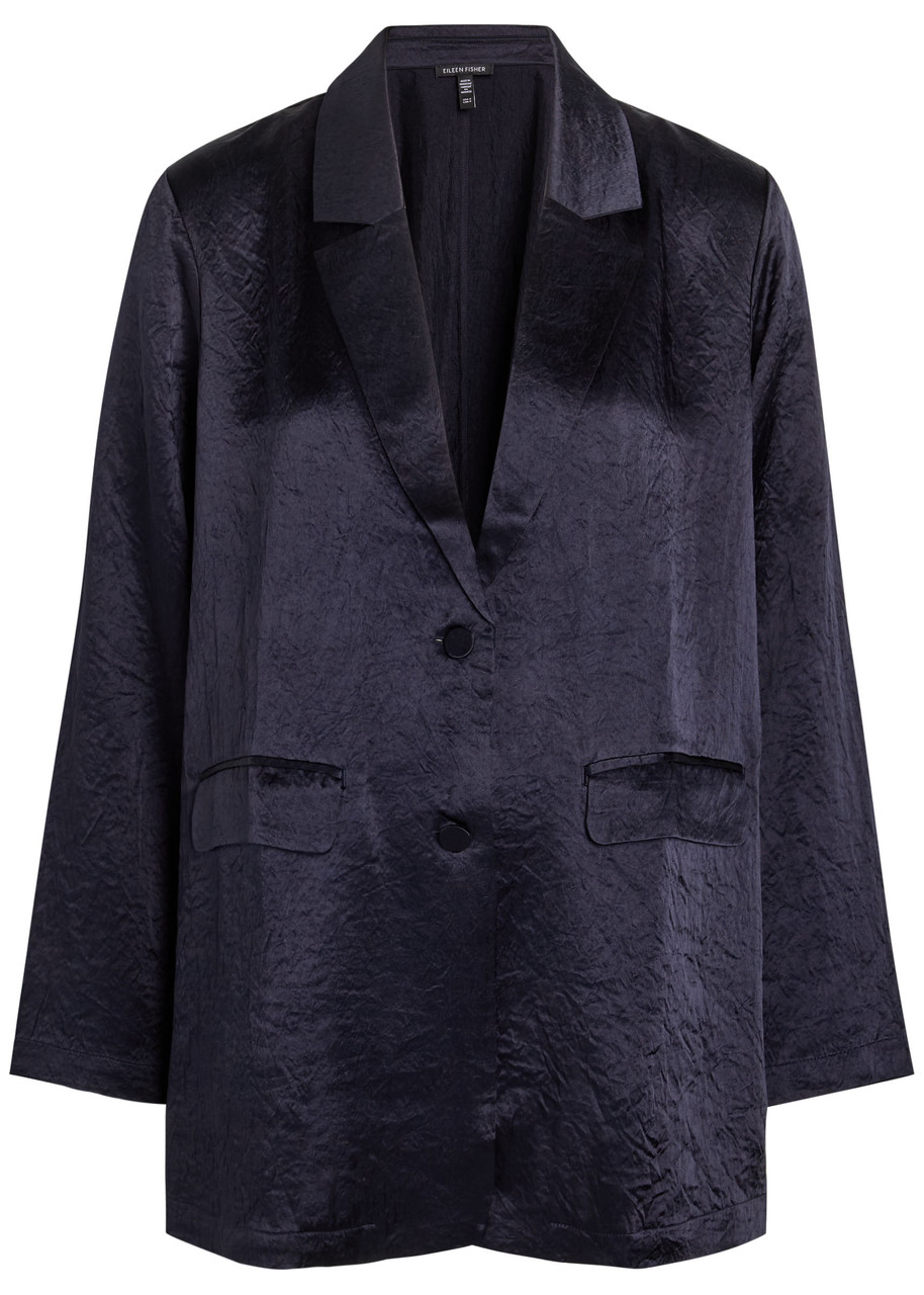 Eileen Fisher Crinkled Satin Blazer – Dark Blue – L –