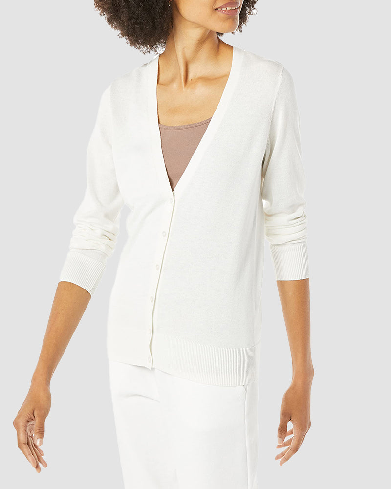 Long Sleeve Choker Top Lightweight Vee Cardigan Sweater – White S