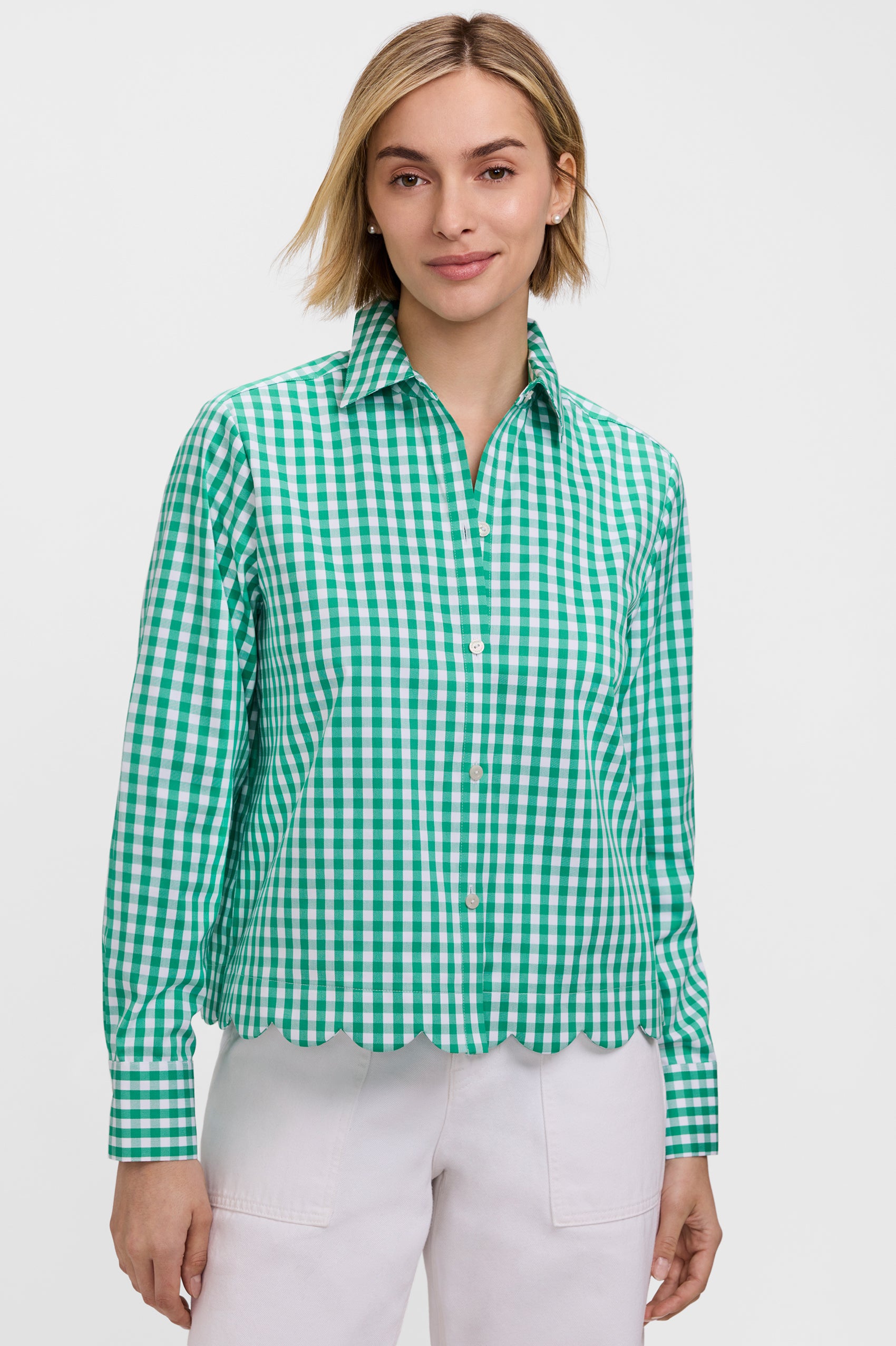Scarlett Petite Gingham Stretch Matte Sateen Long Sleeve Shirt