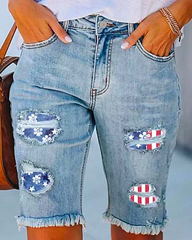Independence Day Knee-Length Denim Shorts Flag Frayed Ripped Distressed Stretch Jeans – Blue M
