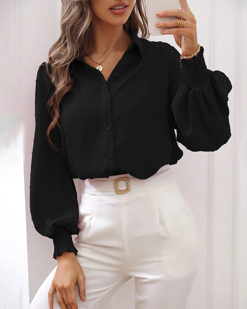 Zeagoo V Neck Crinkle Crepe Lantern Sleeves Shirt Top Button-Down Loose Blouse – Black Zeagoo V Neck Crinkle Crepe Lantern Sleeves Shirt Top Button-Down Loose Blouse – Black