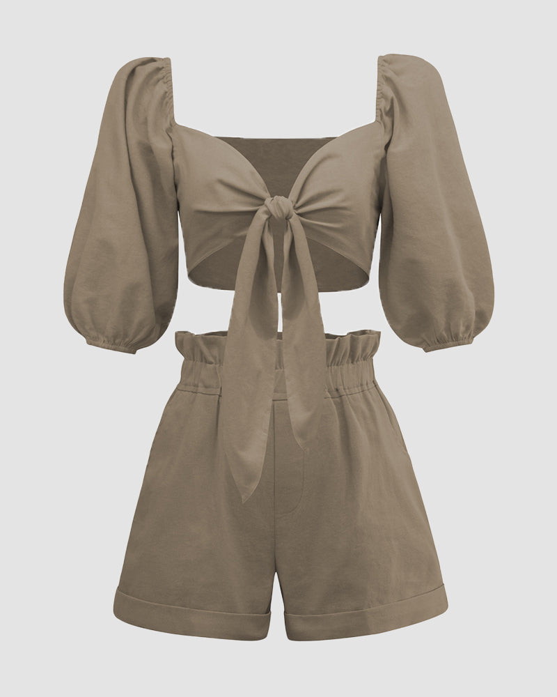 Half Sleeve Knot Front Crop Cardigan Top with Shorts Sets – Khaki S Half Sleeve Knot Front Crop Cardigan Top with Shorts Sets – Khaki S