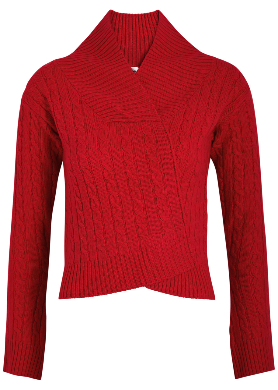 Victoria Beckham Wrap-effect Cable-knit Wool Jumper – Red – S – S