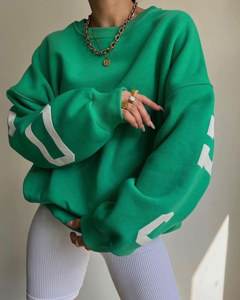 Oversize Sweatshirt Chicago Letter Graphic Long Sleeve Crewneck Pullover Top – Green Oversize Sweatshirt Chicago Letter Graphic Long Sleeve Crewneck Pullover Top – Green