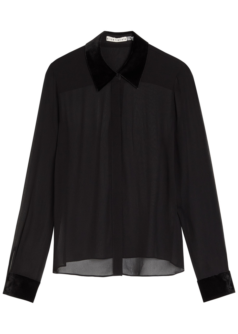 Alice + Olivia Willa Velvet-trim Semi-sheer Chiffon Shirt – Black – L L Alice + Olivia Willa Velvet-trim Semi-sheer Chiffon Shirt – Black – L L