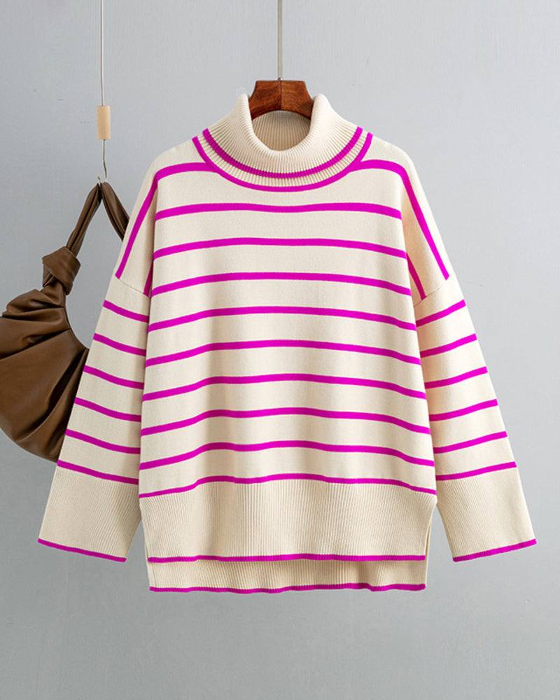 Striped Sweater Casual Turtleneck Knit Pullover Jumper Tops – Rose Red M