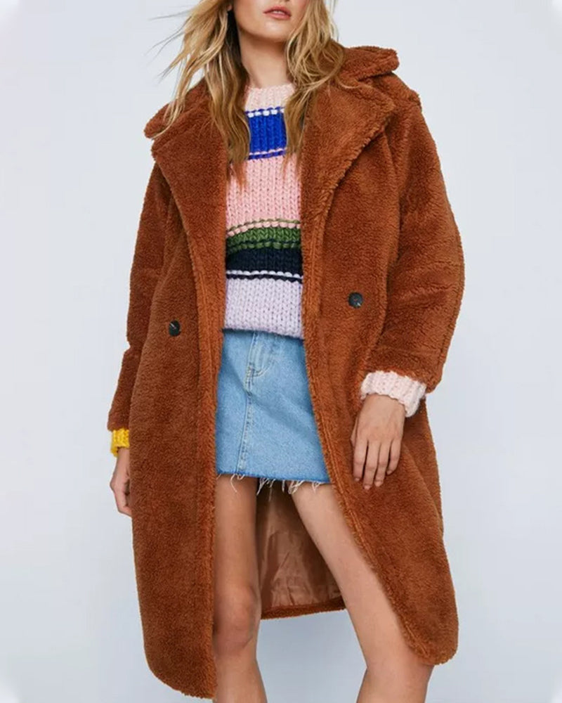 Single-breasted Mid-plush Windbreaker Lapel Lambswool Coat – Brown