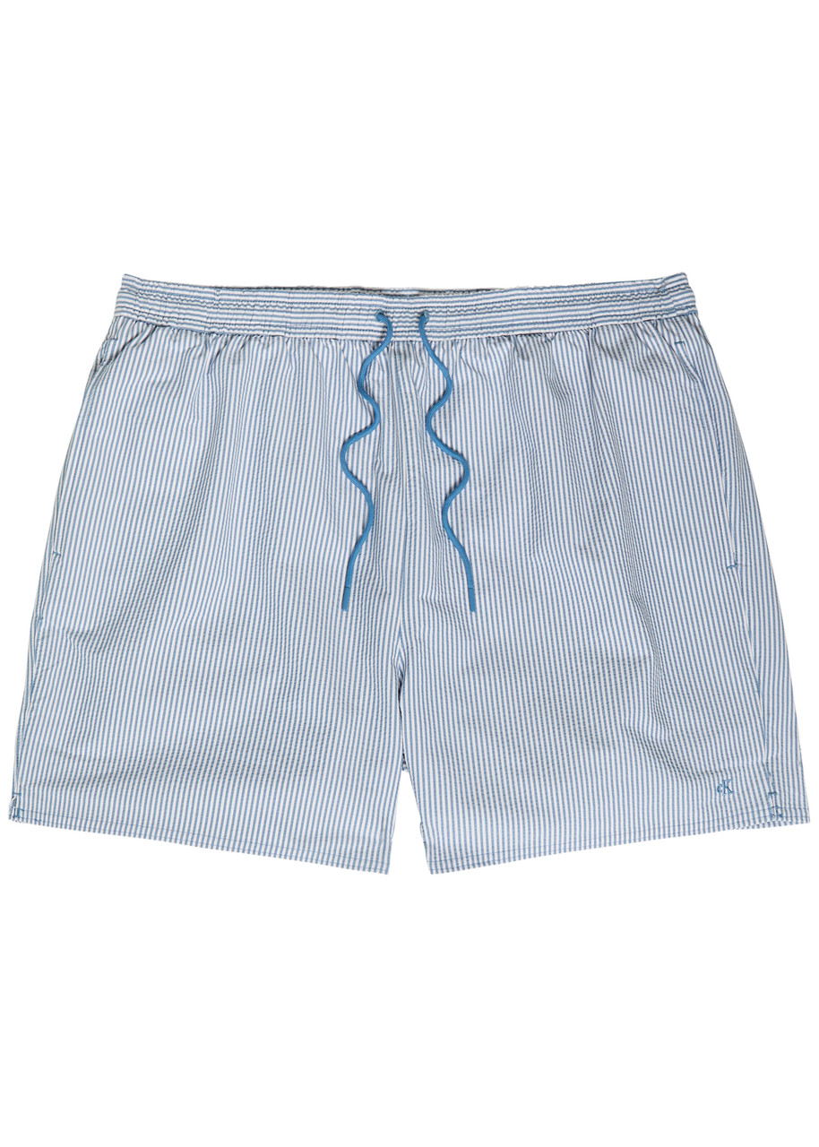 Calvin Klein Logo-embroidered Striped Seersucker Swim Shorts – Blue Calvin Klein Logo-embroidered Striped Seersucker Swim Shorts – Blue