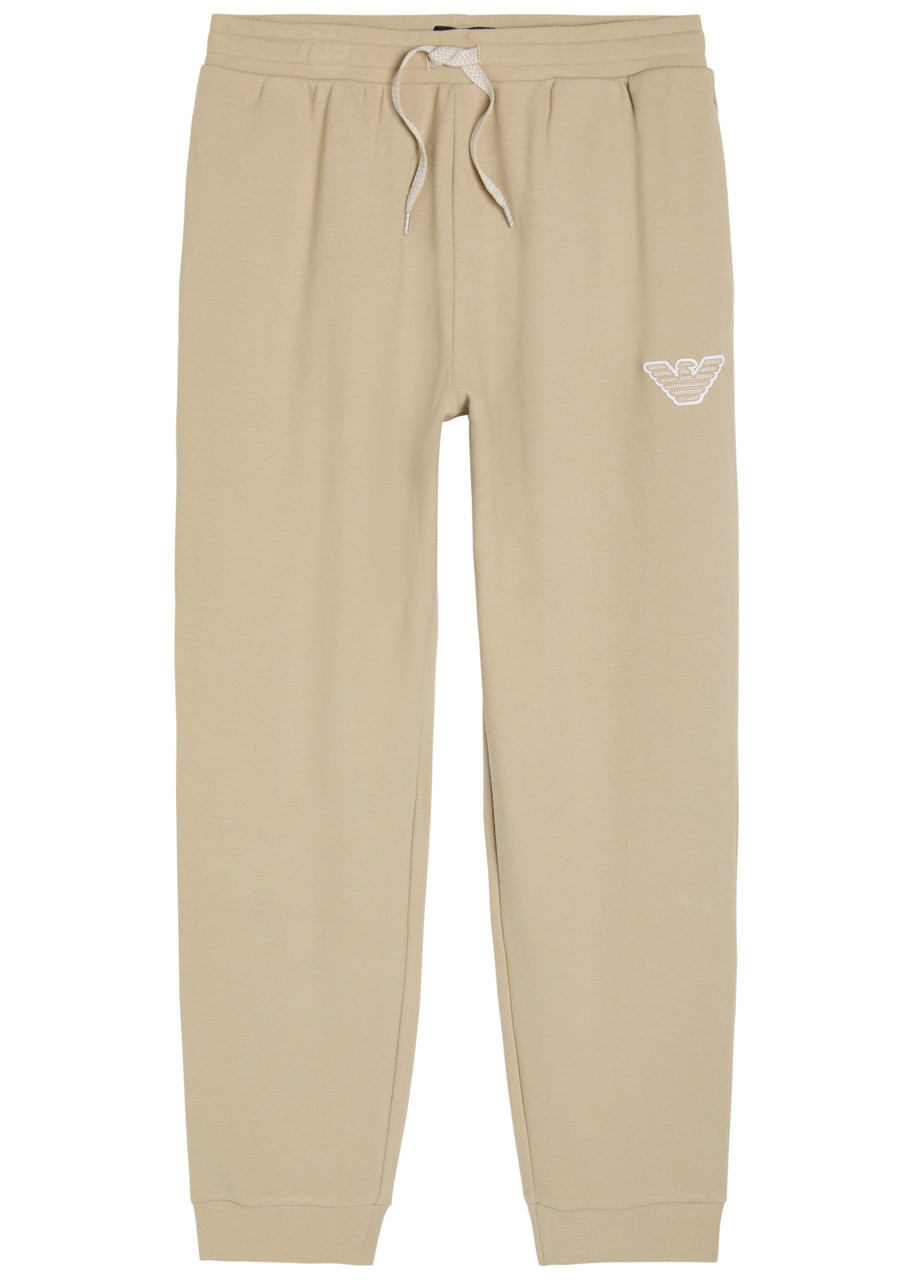 Emporio Armani Logo-appliqud Piqu Cotton-blend Sweatpants – Beige Emporio Armani Logo-appliqud Piqu Cotton-blend Sweatpants – Beige