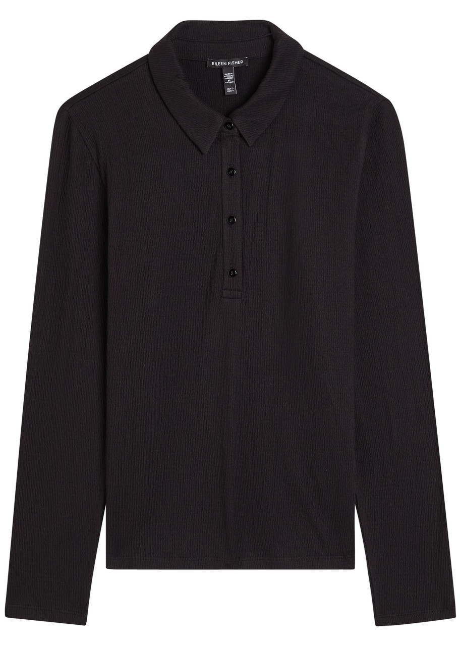 Eileen Fisher Henley Textured Cotton-blend Polo Shirt – Black – S – M