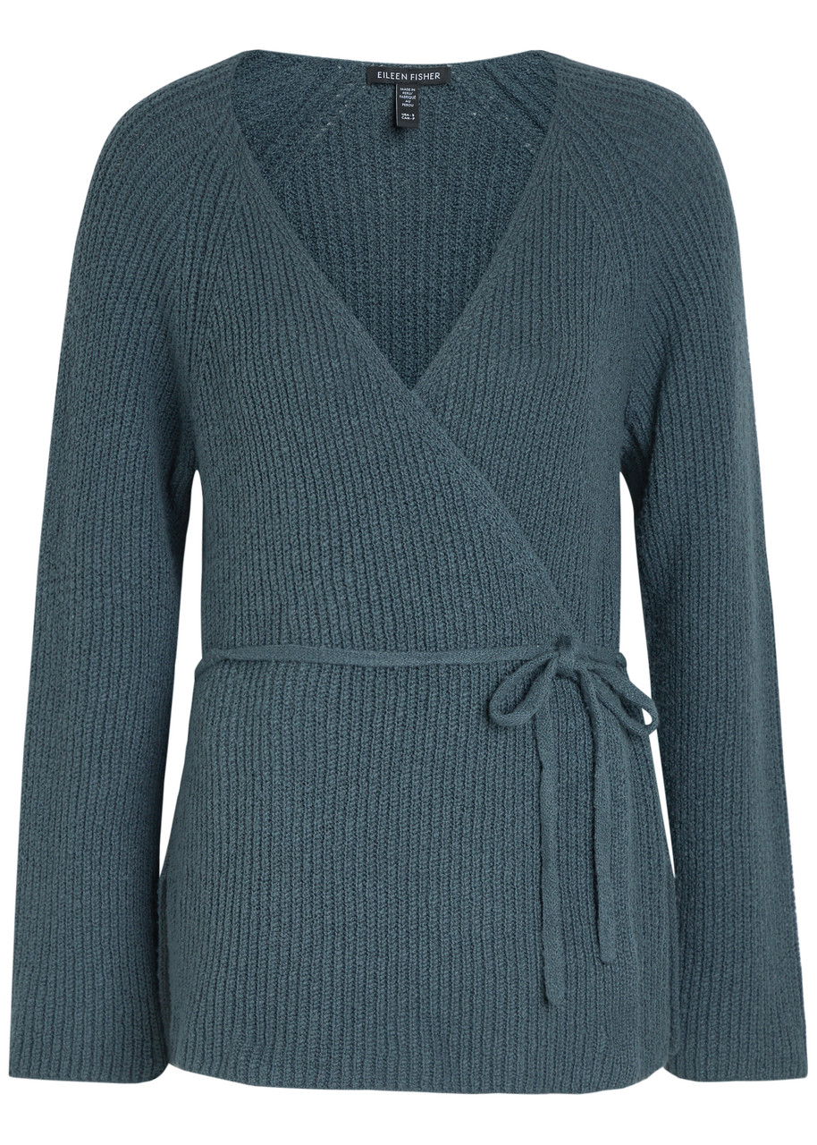 Eileen Fisher Ribbed Cotton-blend Wrap Cardigan – Blue – S – M Eileen Fisher Ribbed Cotton-blend Wrap Cardigan – Blue – S – M