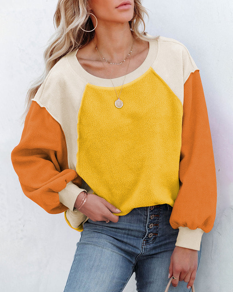 Zeagoo Colorblock Bishop Sleeve Sweatshirt Plush Stitching Jumper Crop Top – Yellow S Zeagoo Colorblock Bishop Sleeve Sweatshirt Plush Stitching Jumper Crop Top – Yellow S