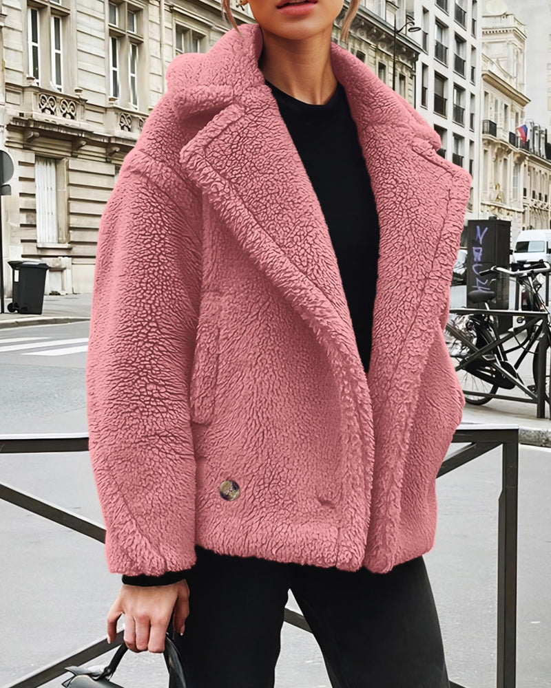 Lapel Fleece Jacket Long Sleeve Pockets Faux Fur Dressy Fall Outfits – Pink Lapel Fleece Jacket Long Sleeve Pockets Faux Fur Dressy Fall Outfits – Pink