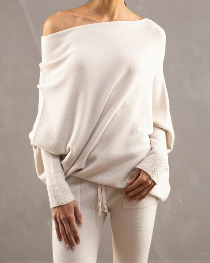Zeagoo Asymmetric Draped Jumper Long Batwing Sleeve Off The Shoulder Sweater – Beige M