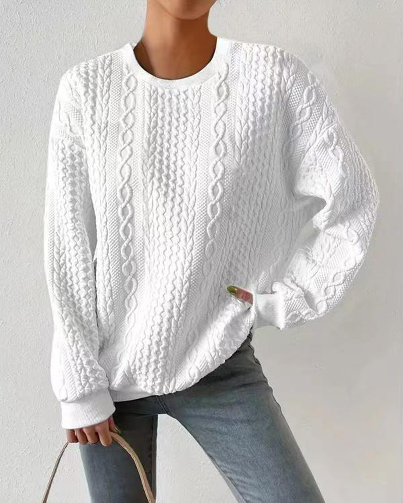 Zeagoo Cable Knit Drop Shoulder Sweatshirt – White M Zeagoo Cable Knit Drop Shoulder Sweatshirt – White M