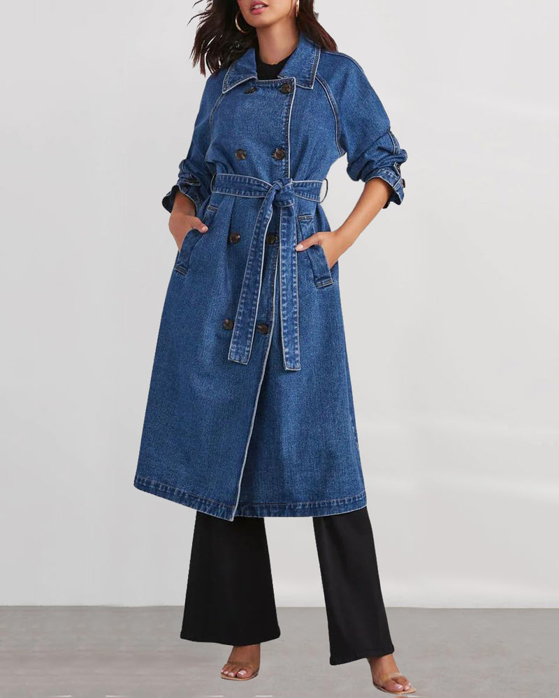 Retro Mid-length Denim Jacket Loose Fit Double-breasted Denim Jacket Windbreaker with Belt – Blue M