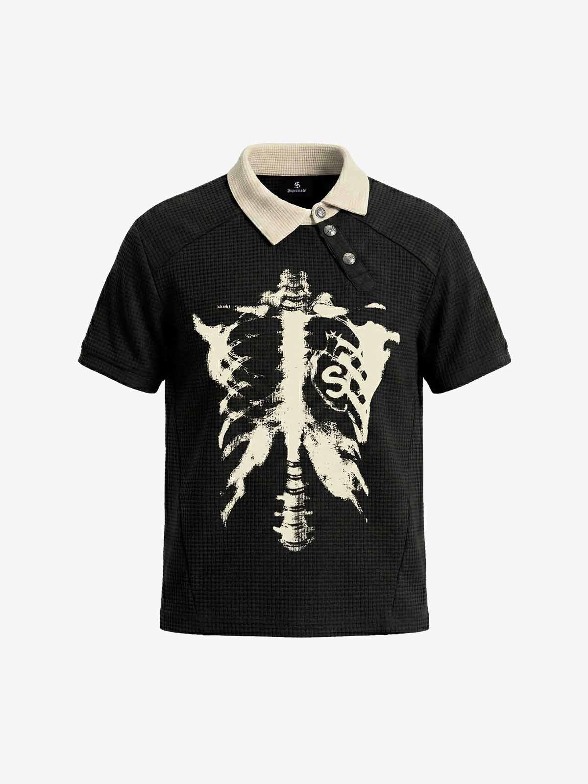 Skeleton Ribcage Graphic Print Asymmetric Button Polo Shirt