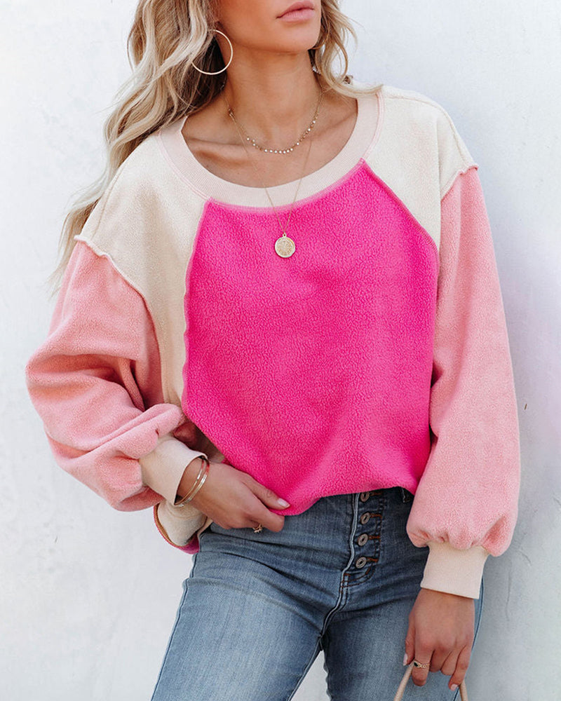 Zeagoo Colorblock Bishop Sleeve Sweatshirt Plush Stitching Jumper Crop Top – Rose Red S