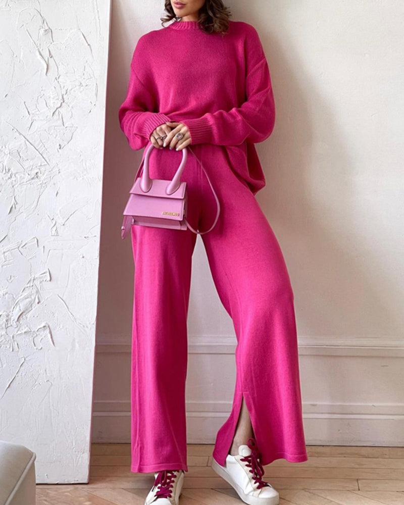 Solid Color Knitted Two Pieces Turtleneck Sweater Set Loose Top + Slit Trouser Pants – Wine Red M