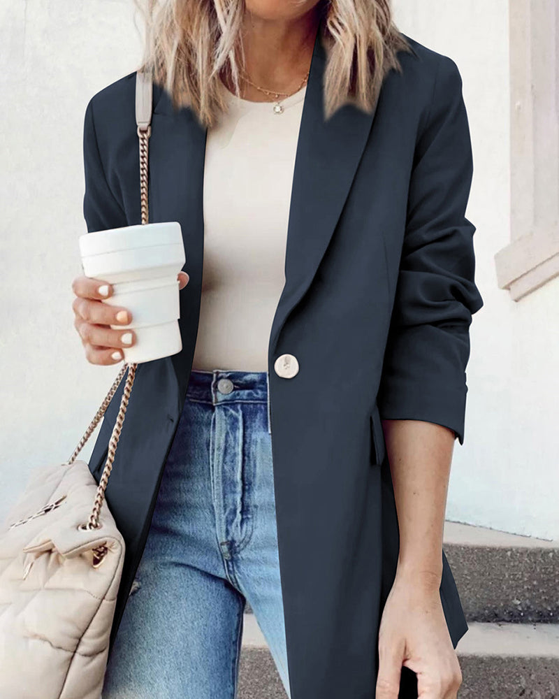 Single Breasted Button Down Office Work Wear Solid Blazer Jacket – Dark Blue M Single Breasted Button Down Office Work Wear Solid Blazer Jacket – Dark Blue M