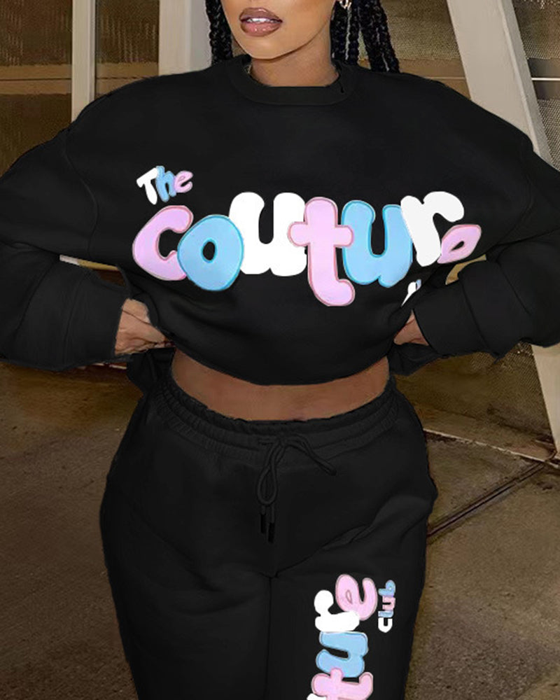 Two Piece Outfits Casual Lounge Sets Printed Round Neck Sweatshirt Pullover with Sweatpants – Black L-