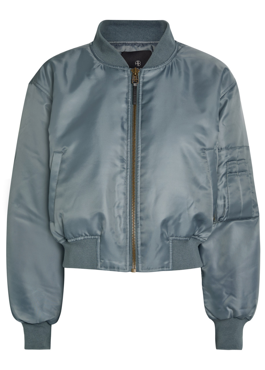 Anine Bing Leon Padded Satin-twill Cropped Bomber Jacket – Dark Grey – S – S Anine Bing Leon Padded Satin-twill Cropped Bomber Jacket – Dark Grey – S – S