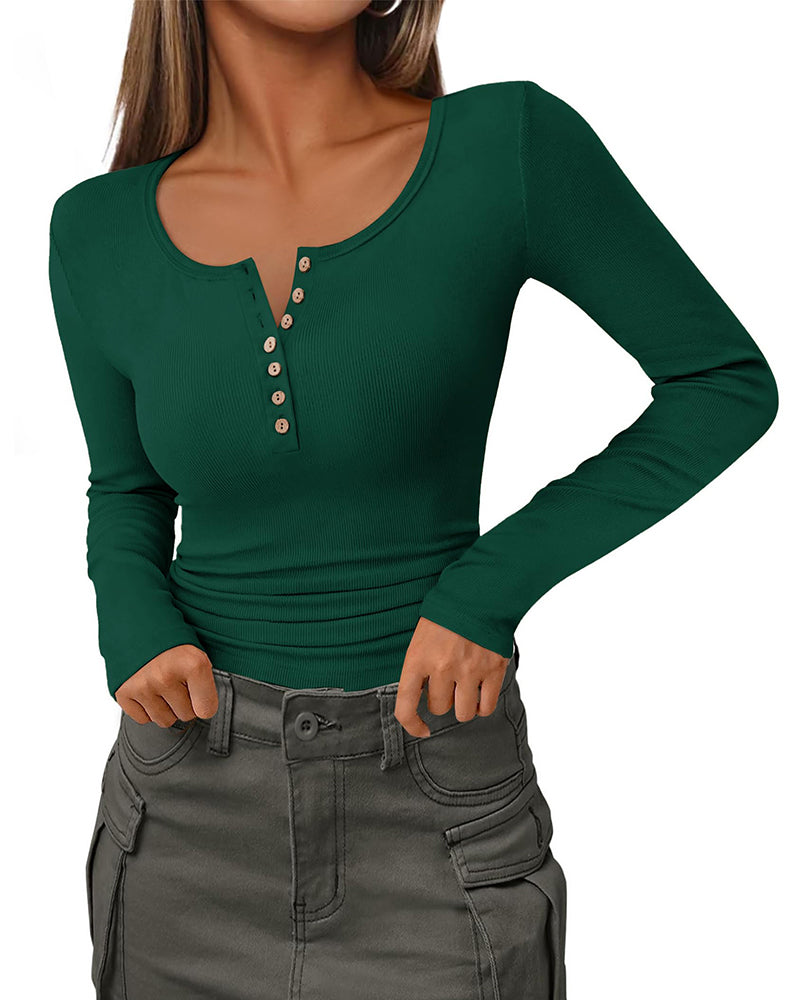 Slim Button Ribbed Knit Basic Tee Henley T Shirt