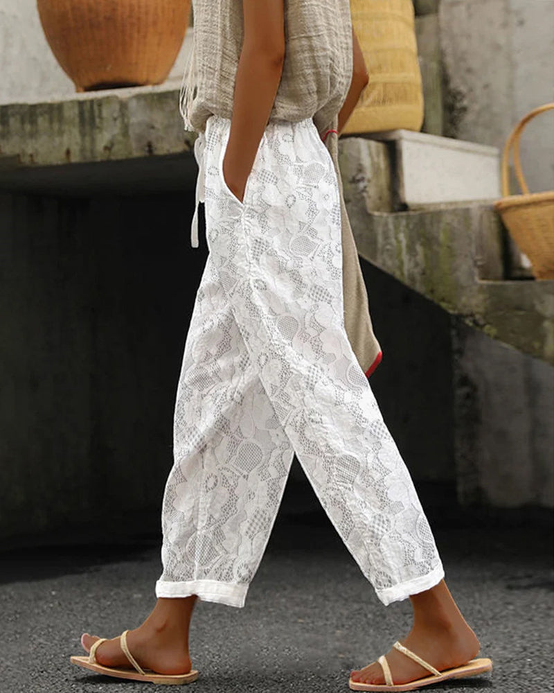 Zeagoo Casual Loose Lace Pants Embroidered Cropped Elastic Waist Trousers – White Zeagoo Casual Loose Lace Pants Embroidered Cropped Elastic Waist Trousers – White