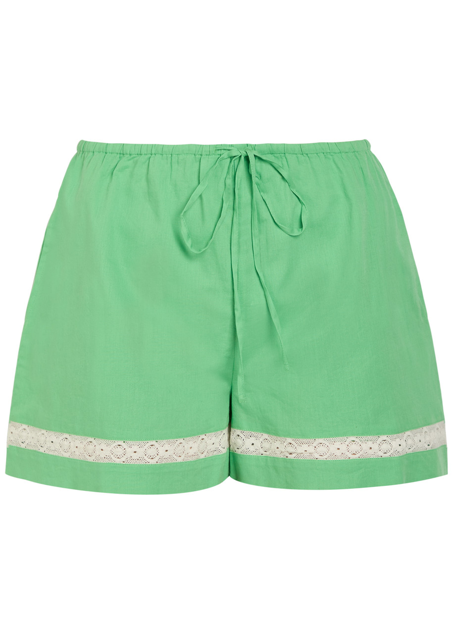 Damson Madder Jovie Lace-insert Cotton Shorts – Light Green – Damson Madder Jovie Lace-insert Cotton Shorts – Light Green –