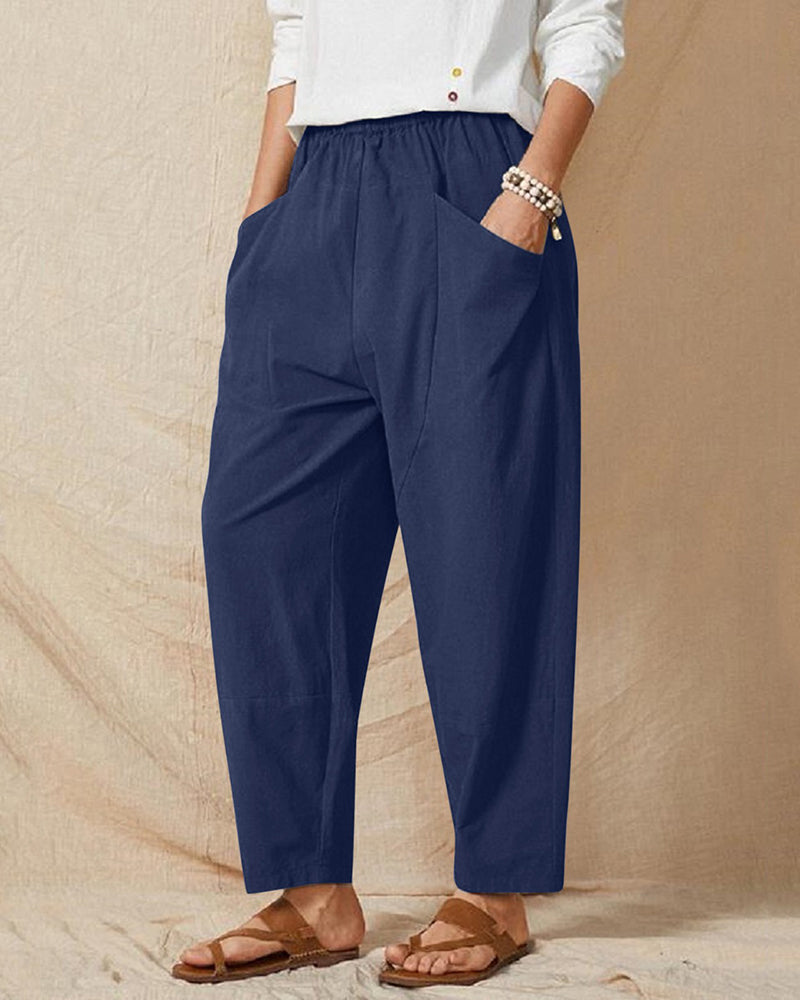 Solid Color Elastic Waist Cropped Wide Leg Pants Loose Trousers – Navy blue M